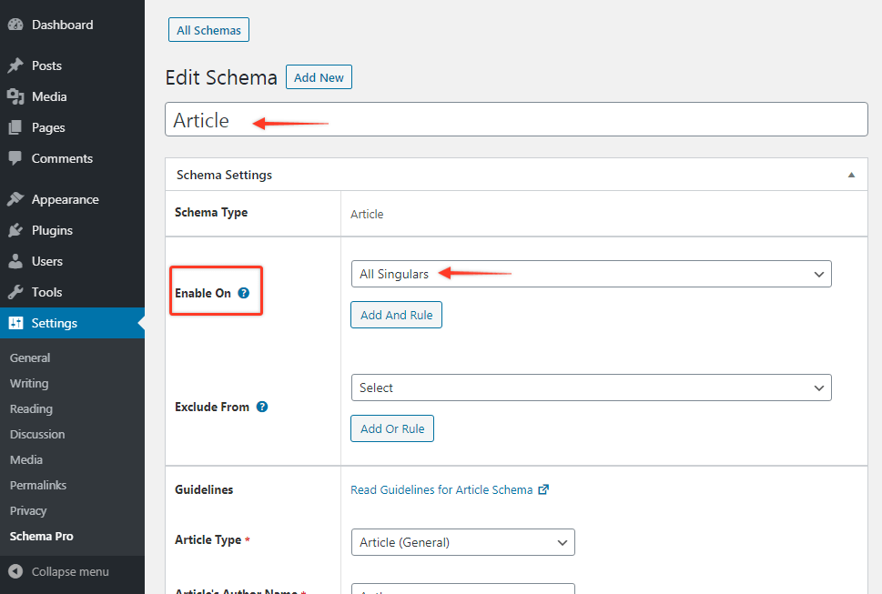 Article schema on singulars