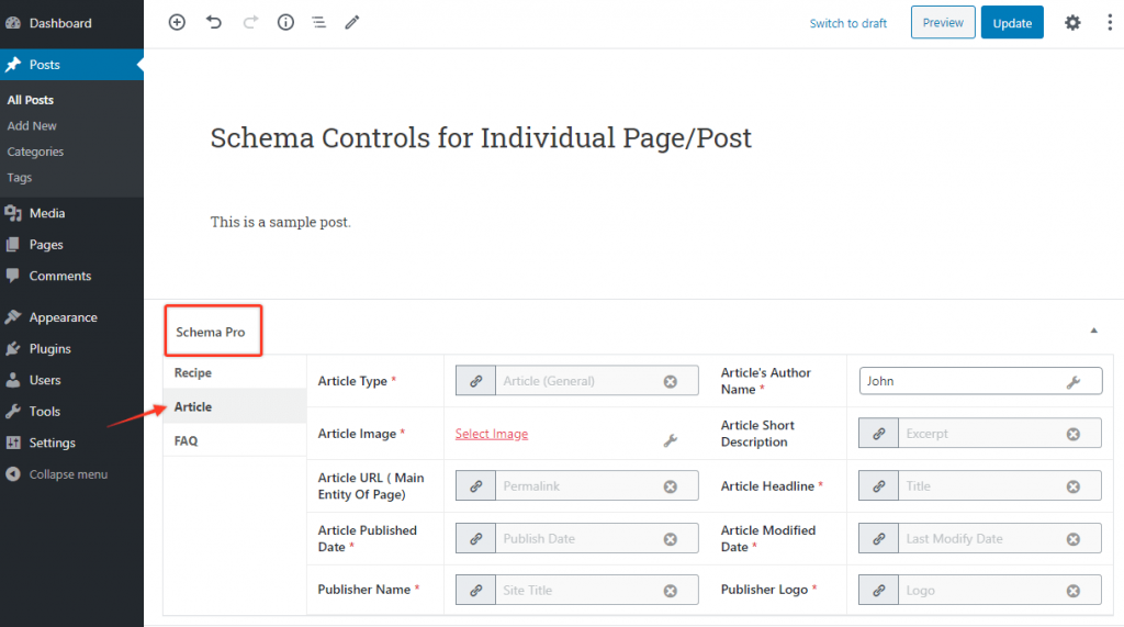 Article schema settings