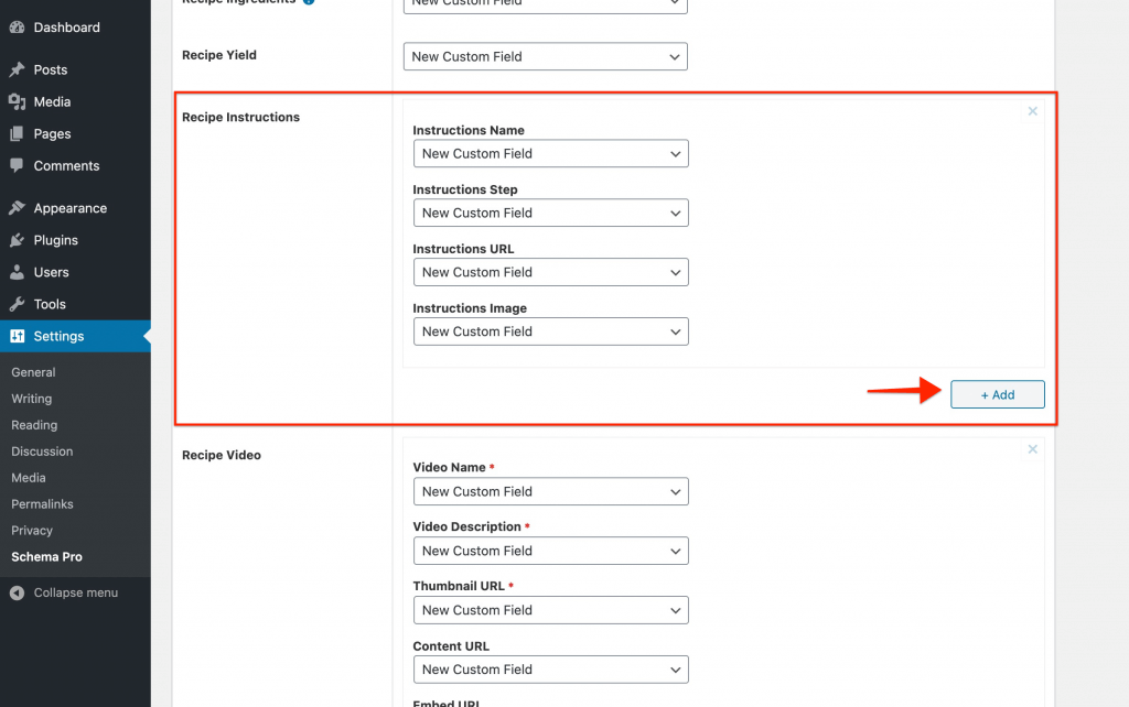 Schema recipe field screenshot